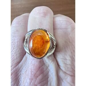 Sterling Silver 925 Natural Baltic Amber Ring Oval Cabochon Size 8 Vintage